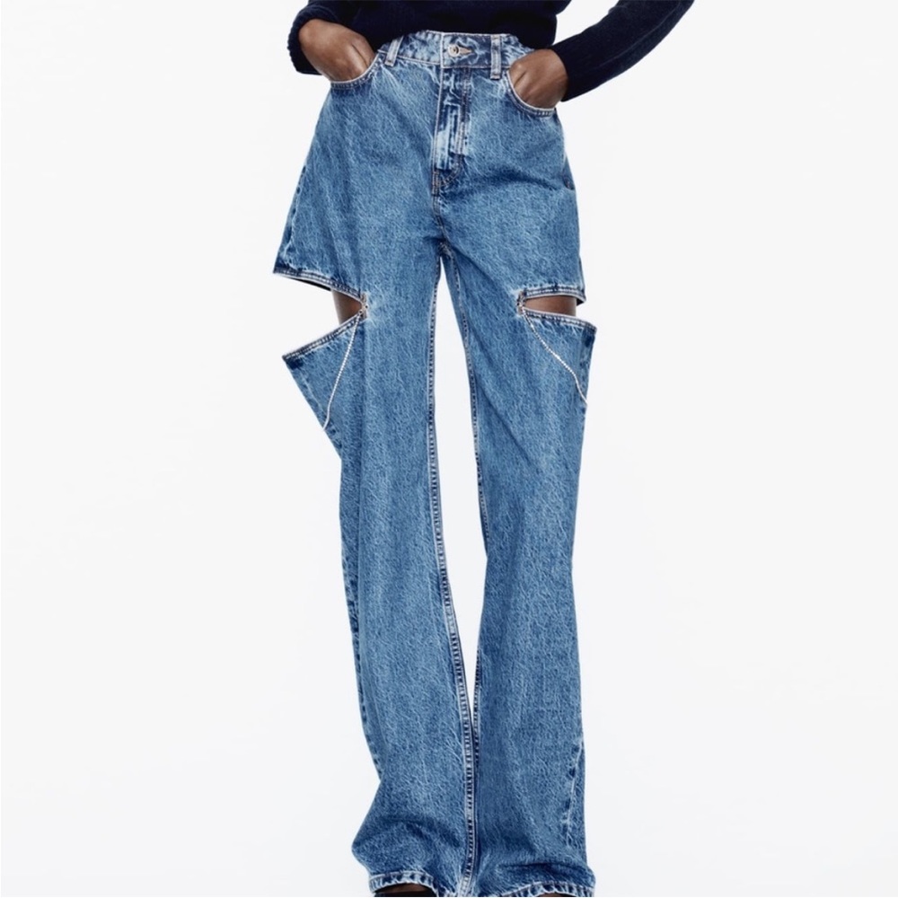 Zara Z1975 MID WAIST STRAIGHT LEG CUT OUT JEWEL JEANS - Picture 2 of 5